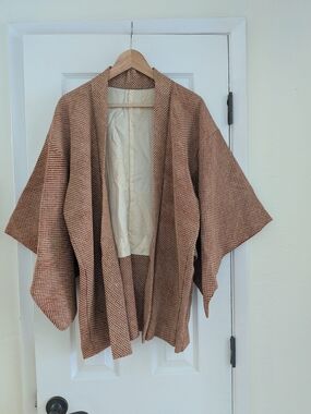 Vintage Japanese Kimono Haori Red Orange Patterned Robe Jacket One Size